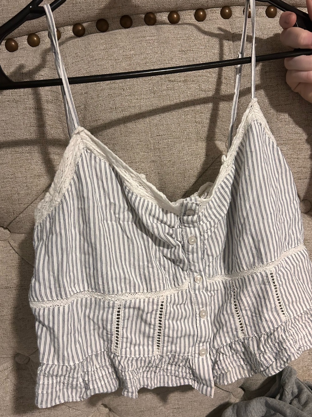 Striped Lace-Trim Spaghetti Strap Tank Top - White & Navy